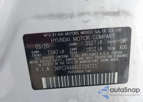 2020 Hyundai Accent Se z USA, uszkodzony, nr VIN 3KPC24A66LE124111